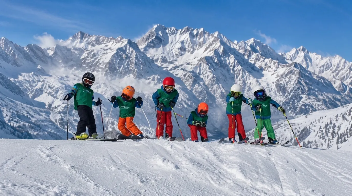 Dzieci na nartach podczas treningu Jump Camp